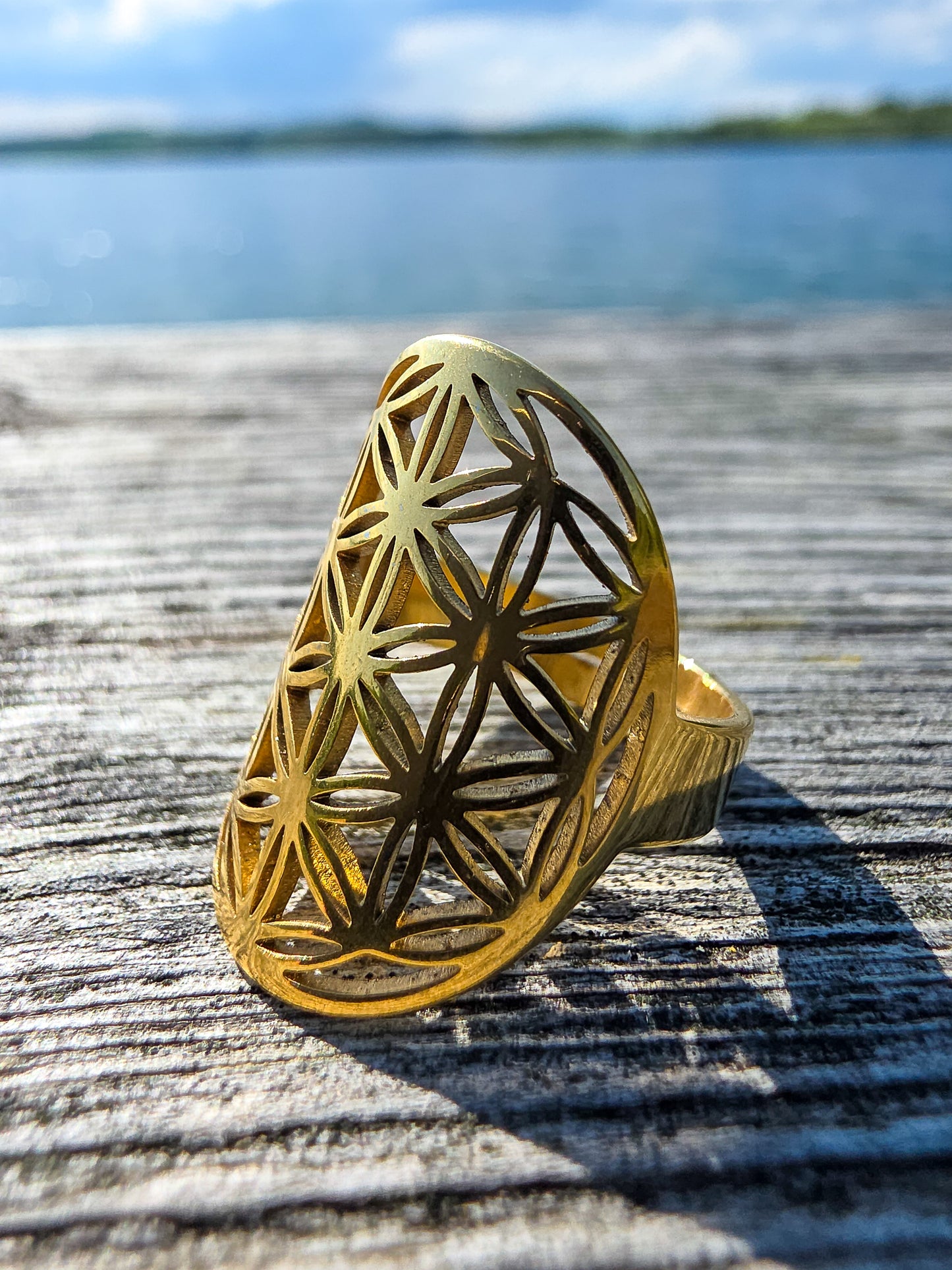 ANILLO ACERO INOXIDABLE CHAPADO EN ORO | FLOR DE LA VIDA | AJUSTABLE