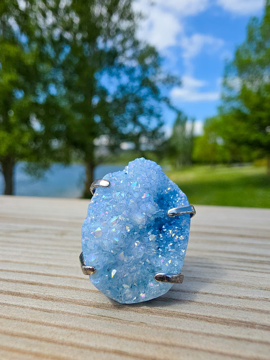 ANILLO DRUSA DE CUARZO AQUA AURA AGUA | AJUSTABLE
