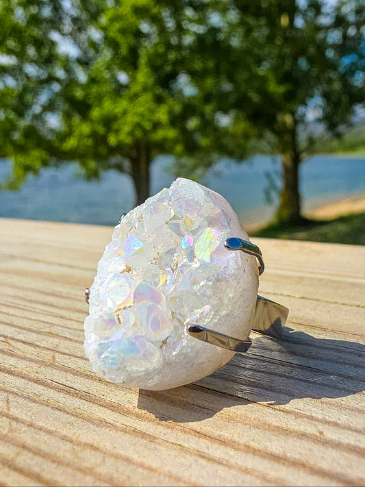 ANILLO DRUSA DE CUARZO AQUA AURA HIELO | AJUSTABLE