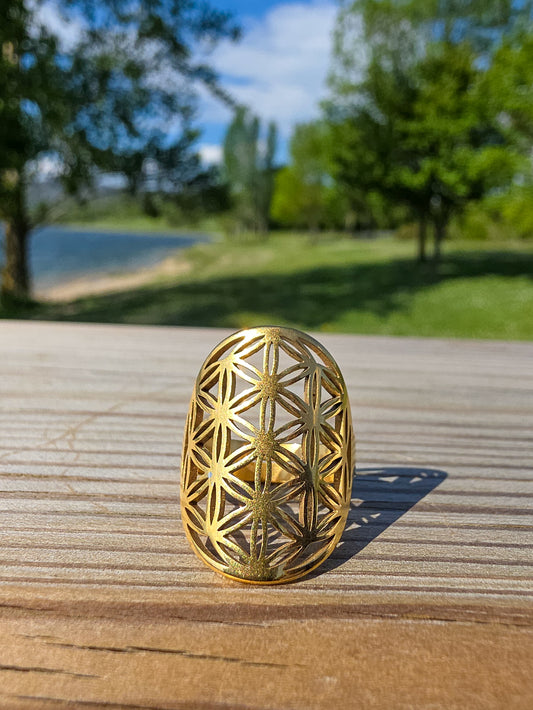 ANILLO ACERO INOXIDABLE CHAPADO EN ORO | FLOR DE LA VIDA | AJUSTABLE