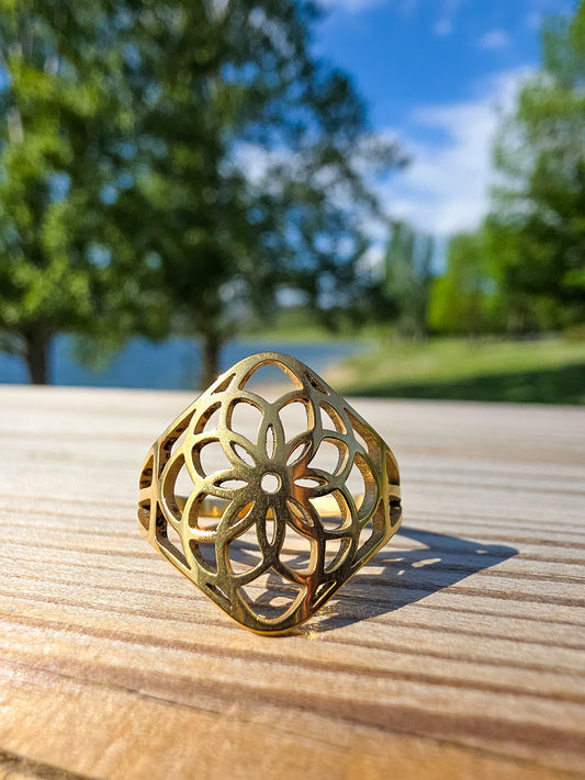 ANILLO ACERO INOXIDABLE CHAPADO EN ORO | FLOR DE LOTO
