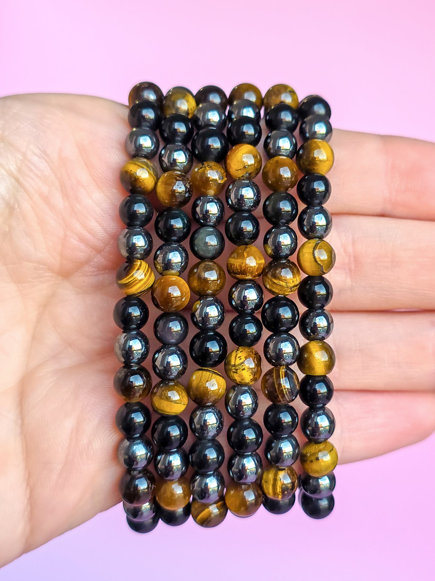 PULSERA DE OBSIDIANA NEGRA, HEMATITA Y OJO DE TIGRE 6MM