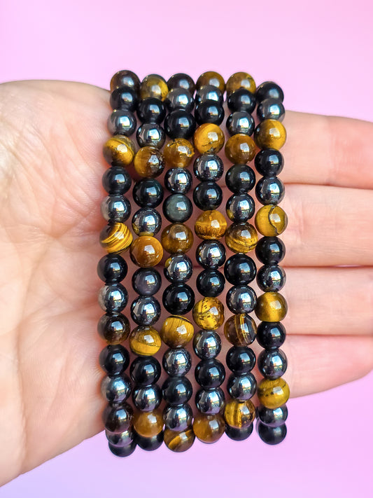 PULSERA DE OBSIDIANA NEGRA, HEMATITA Y OJO DE TIGRE 6MM