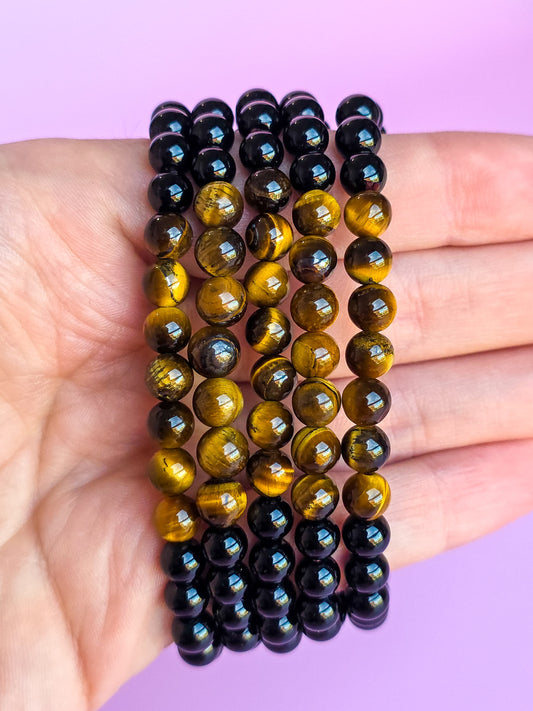PULSERA DE OBSIDIANA NEGRA Y OJO DE TIGRE 6MM