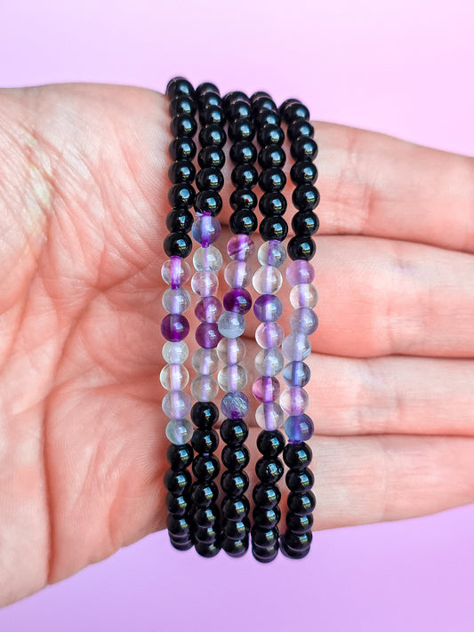 PULSERA DE OBSIDIANA NEGRA Y FLUORITA 4MM