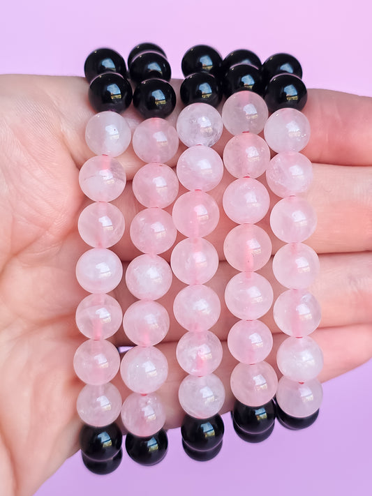 PULSERA DE OBSIDIANA NEGRA Y CUARZO ROSA 8MM