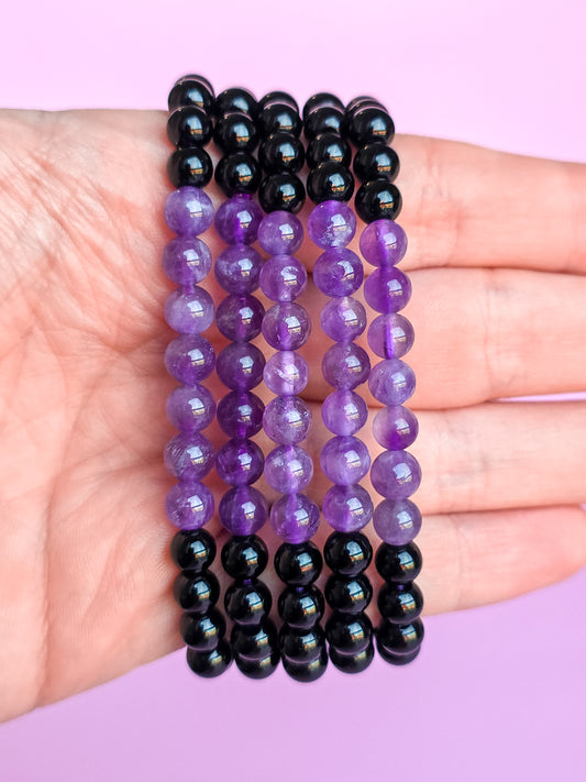 PULSERA DE OBSIDIANA NEGRA Y AMATISTA 6MM