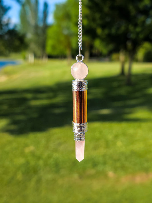 PÉNDULO VARITA DE CUARZO ROSA Y COBRE