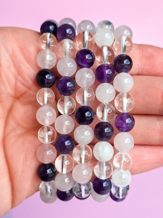PULSERA DE AMATISTA, CUARZO TRANSPARENTE Y CUARZO ROSA 8MM