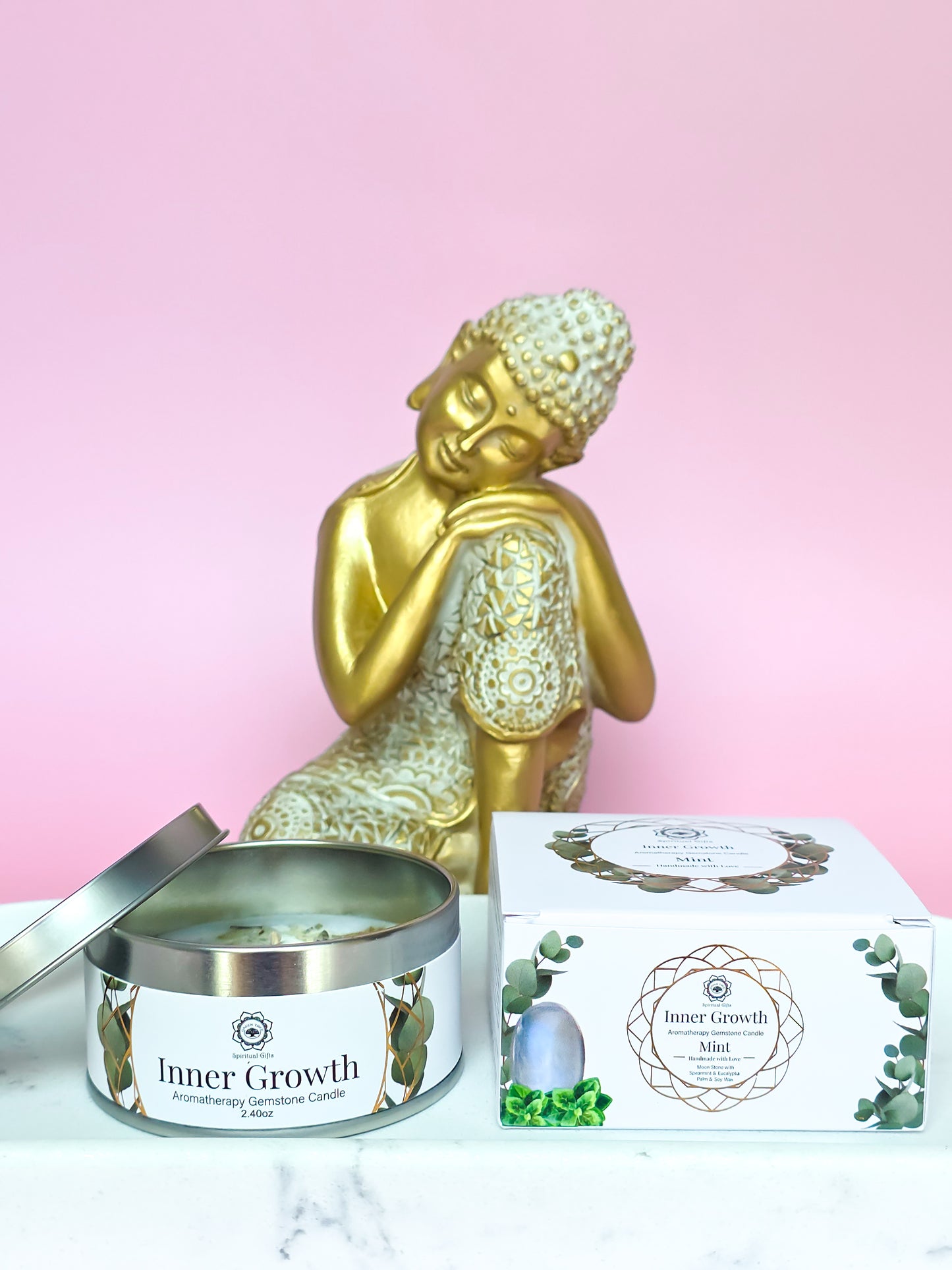 VELA "CRECIMIENTO INTERIOR" PIEDRA LUNA + MENTA | GREEN TEA