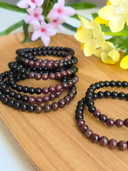 PULSERA DE OBSIDIANA NEGRA Y GRANATE 6MM | PROTECCIÓN Y PASIÓN
